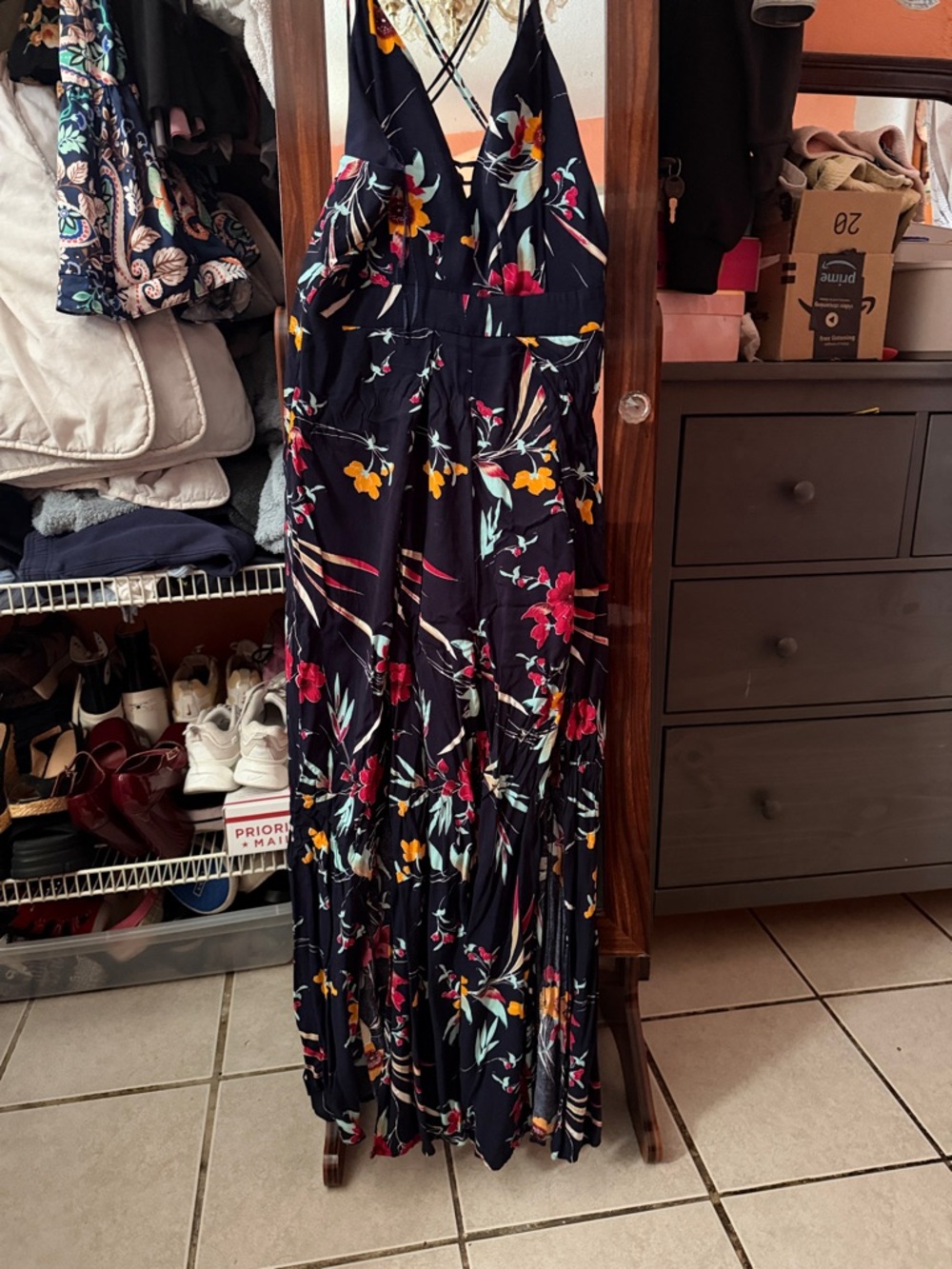 Cals Navy Floral Maxi Dress with V-Neck